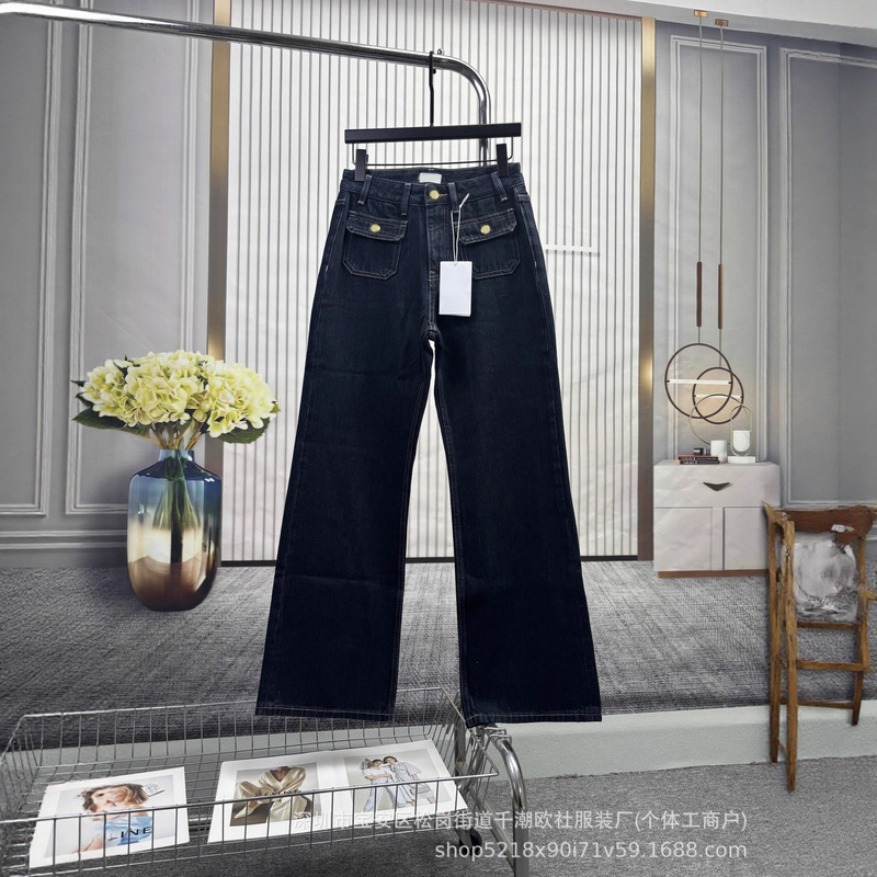 Ce Straight-Leg Jeans Women's Dark Blue Versatile Slim Front Patch Pocket High Waist Pants Women's 2025 Autumn and Winter New Style Ce Straight-Leg Jeans Women's Dark Blue Versatile Slim Front Patch Pocket High Waist Pants Women's 2025 Autumn and Winter New Style