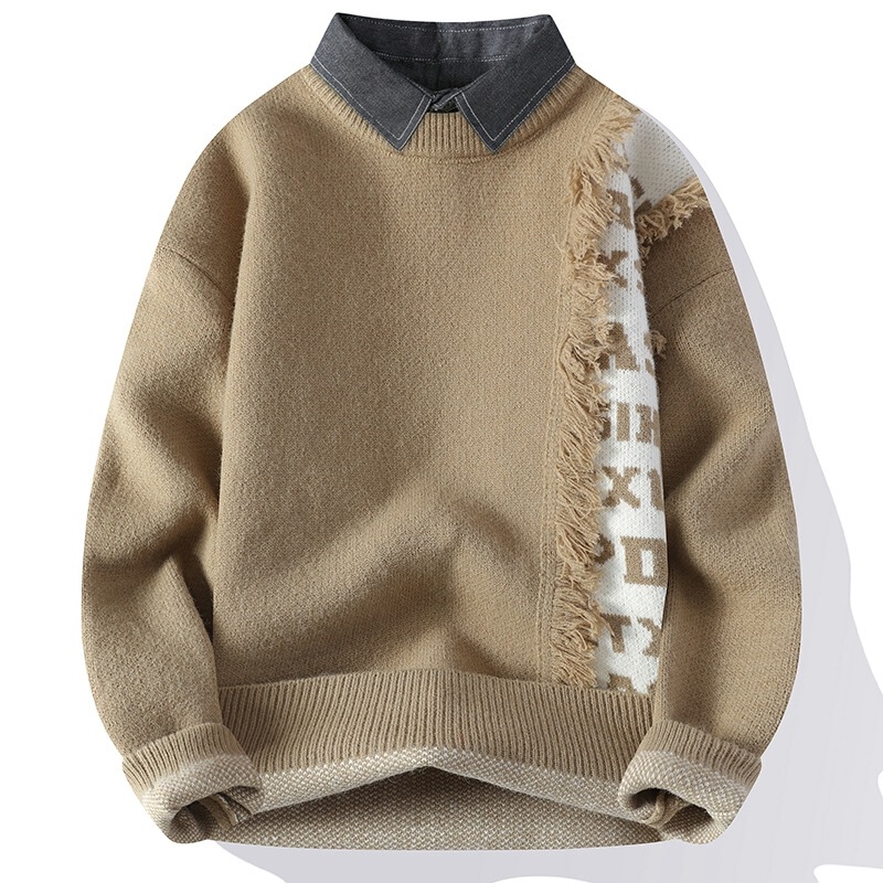 Sweater Autumn and Winter Holiday Two-Piece Color-Blocked Men's Shirt Printed Sweater Round Neck Warm Base Thickened Sweater Autumn and Winter Holiday Two-Piece Color-Blocked Men's Shirt Printed Sweater Round Neck Warm Base Thickened