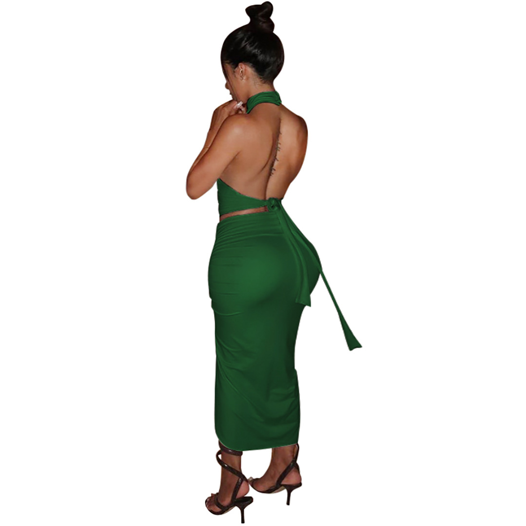 Summer Women Clothing Solid Color round Neck Cropped Backless Top Drawstring Mid Length Dress Set