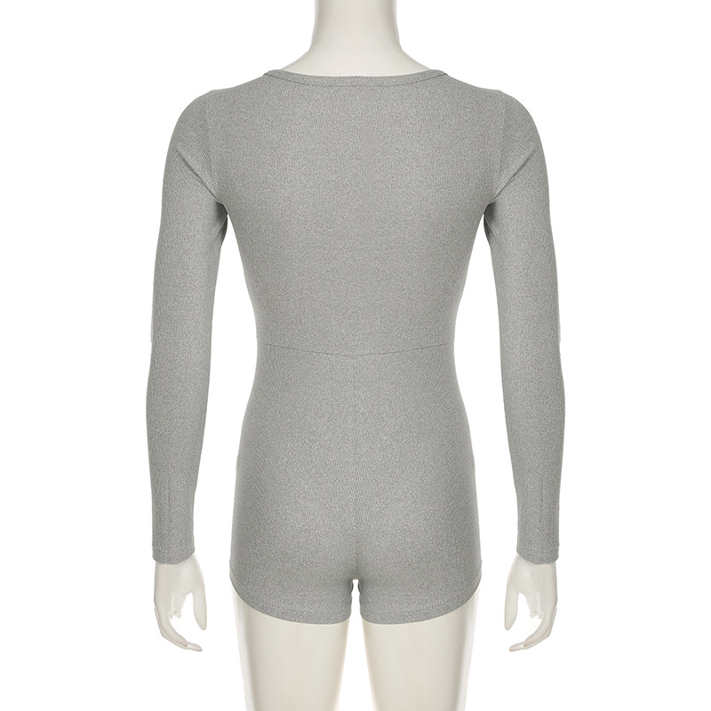 Autumn Winter Women Clothing Solid Color Buttons Deep V Plunge neck Sexy Sports Workout Long Sleeve Romper