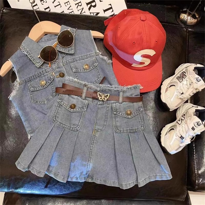 2024 서양식 여름 새로운 한국 스타일 소녀의 오래된 데님 소매 스커트 세트 소녀의 귀여운 데님 투피스 세트