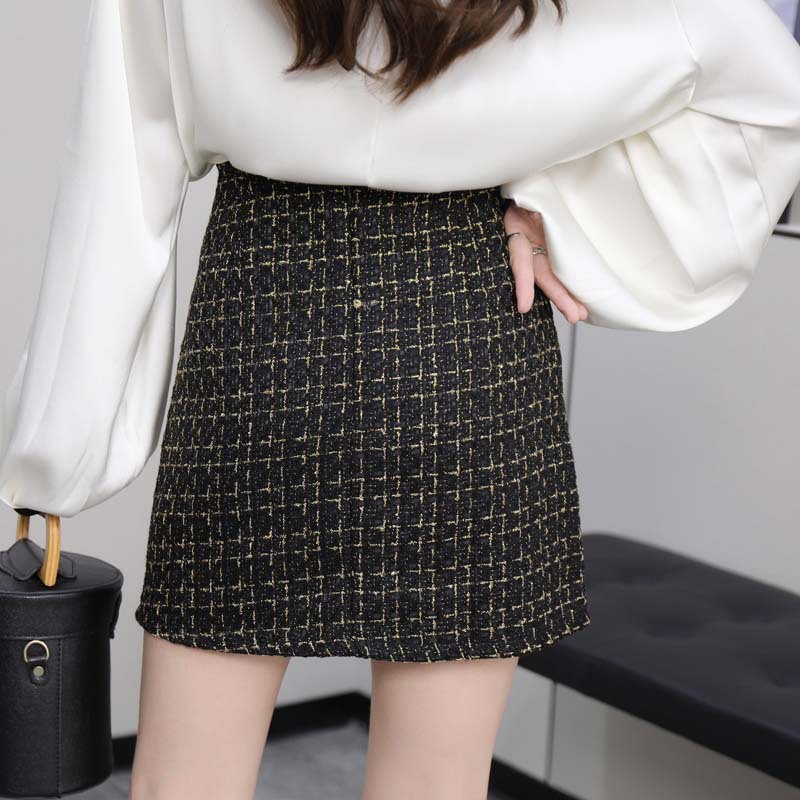 High-waist gold tweed a-line skirt fashionable women's high-end light luxury plaid skirt single-breasted skirt 2988