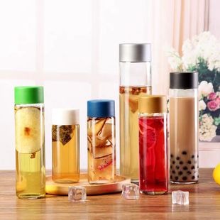 Spot straight tube tea bottle beverage glass water bottle stick bottle milk tea coffee juice fruit wine bottle plastic cap empty bottle