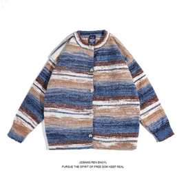 彩虹条纹针织开衫男毛衣外套2024春秋季潮流纽扣开衫撞色毛衣上衣