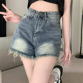 怀旧蓝毛边牛仔短裤女小个子2025夏季新款大码胖mm高腰a字热裤