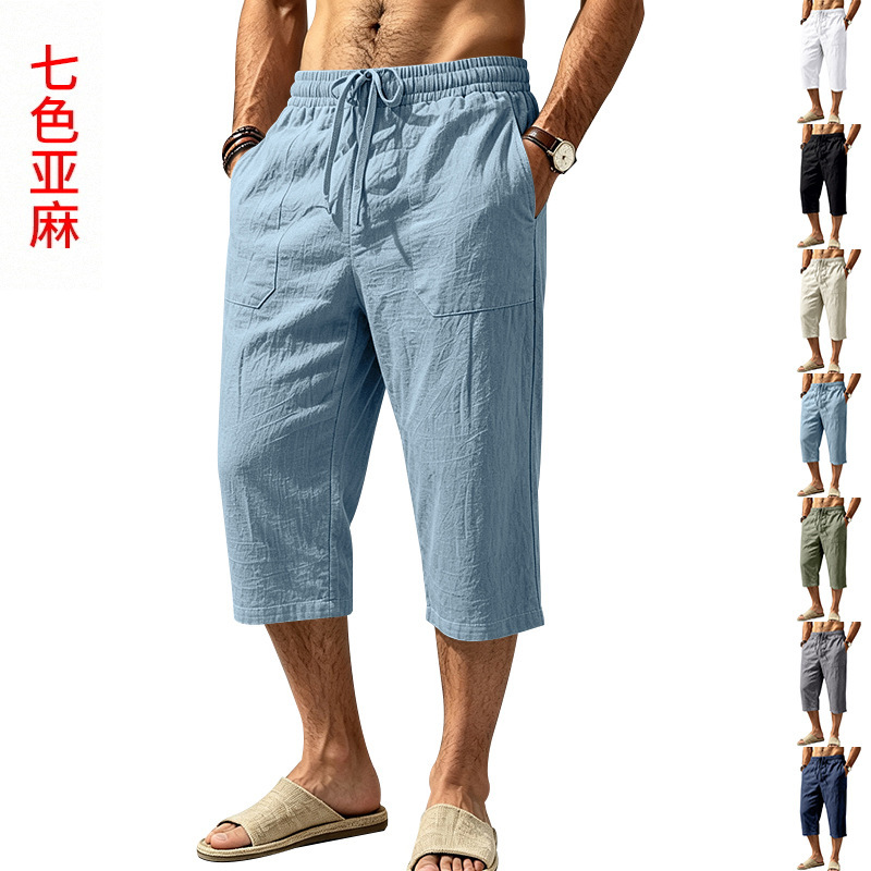 European and American cross-border summer men's linen casual Hawaiian beach vacation sports versatile loose-fitting three-quarter beach shorts