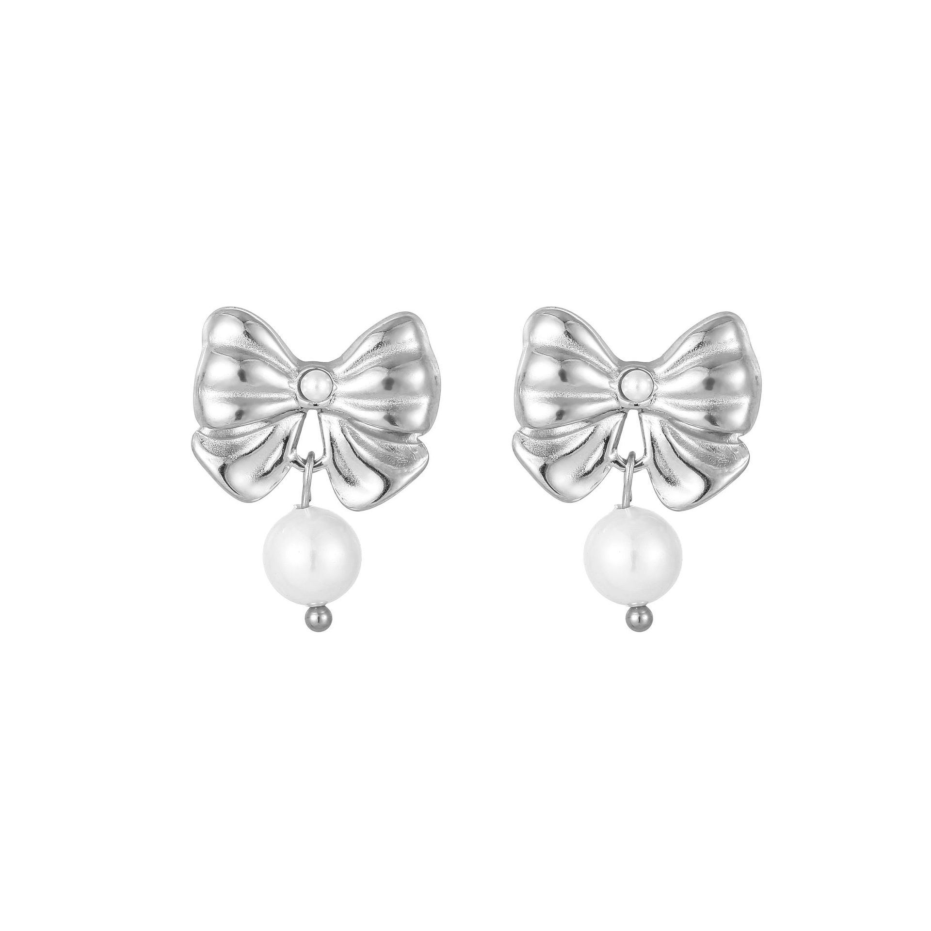 1 Pair Ig Style Sweet Bow Knot Plating Inlay Titanium Steel Pearl Earrings display picture 4