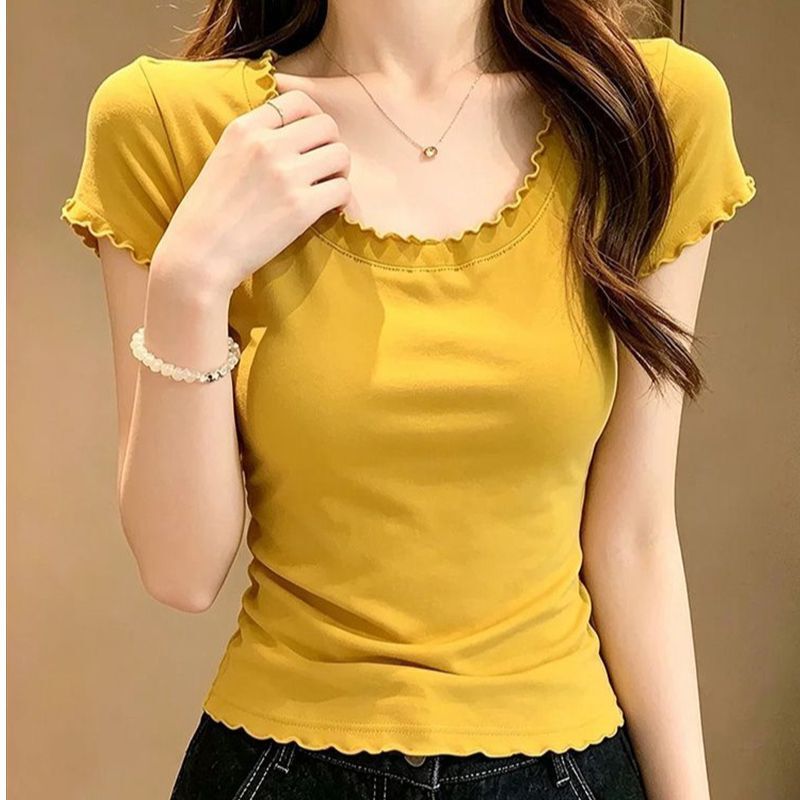 Summer Short-Sleeve Round-Neck Slim-Fit T-Shirt for Petite Women, Available in Multiple Colors, with Ruffled Edges, Stylish Pullover Top Summer Short-Sleeve Round-Neck Slim-Fit T-Shirt for Petite Women, Available in Multiple Colors, with Ruffled Edges, Stylish Pullover Top