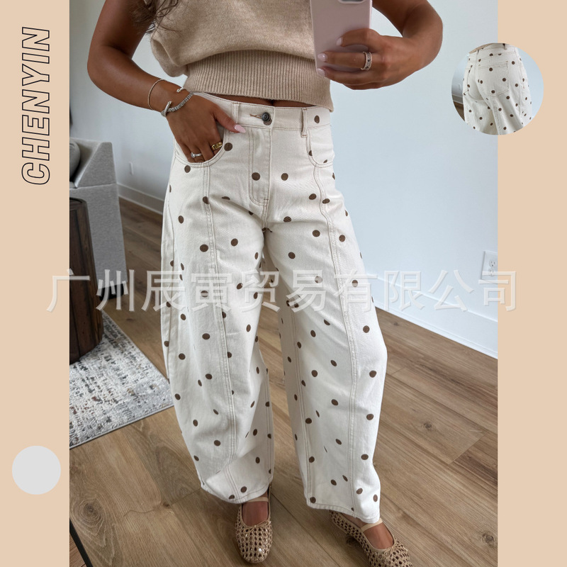 Ins European and American Women's New Autumn and Winter Style Retro Polka Dot Twill High-Waisted Loose Cotton Straight Pants