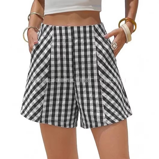 Women's pure cotton boxer shorts, faux linen checkered shorts, summer high-waisted plaid Y2K beachwear, vacation wear 202