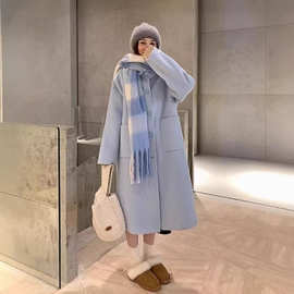 简约风蓝色毛呢翻领呢子外套女秋冬2026年新款慵懒风气质宽松大衣