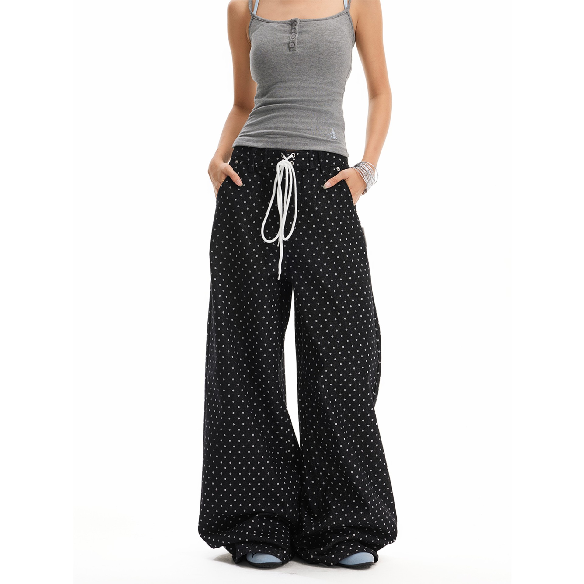 American Retro Polka Dot Drawstring Black Straight-Leg Jeans for Women, New Loose Casual Versatile Wide-Leg Floor-Length Pants