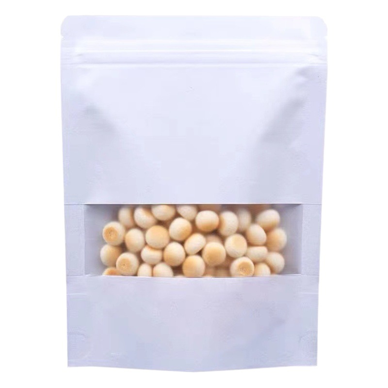 Bolsa de papel kraft blanco con ventana esmerilada, autosellable, para frutos secos o snacks, empaque a granel