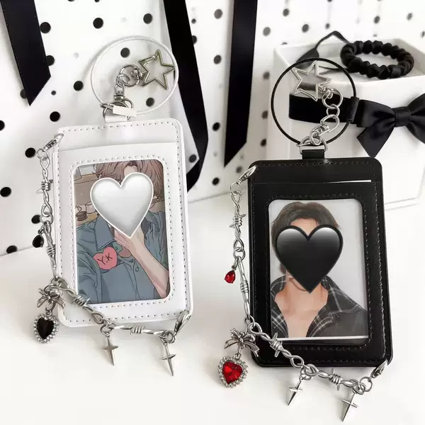Dark Series Photo Card Holder Keychain with Metal Chain and Thorn Chain, Hard Protective Card Holder Keychain