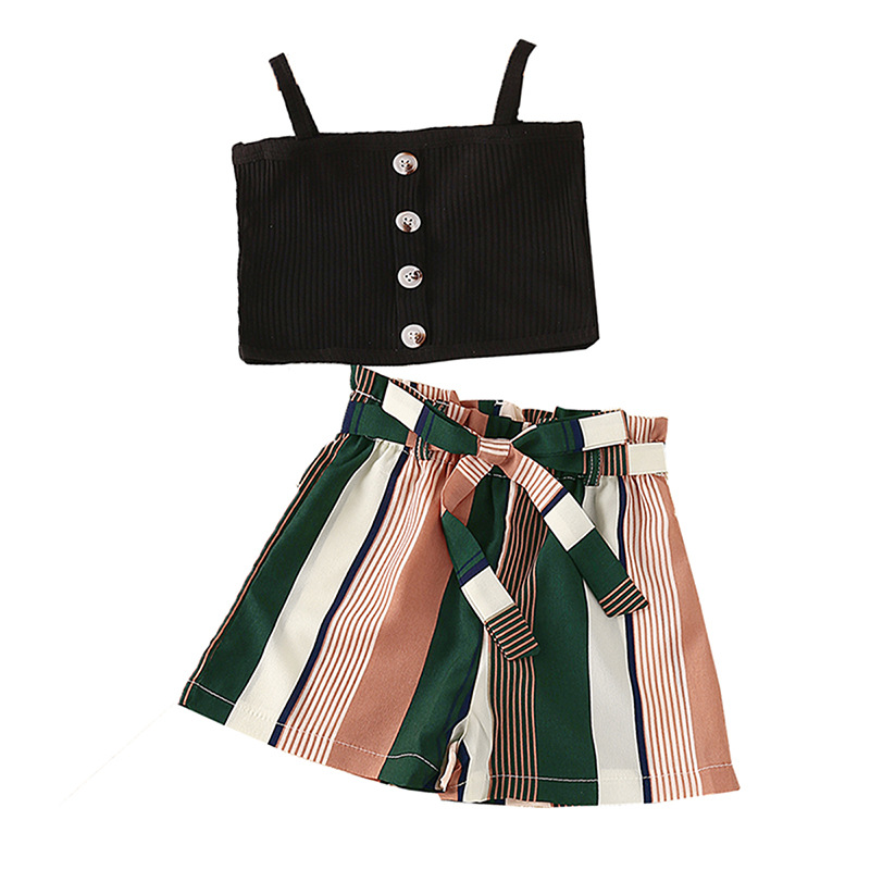 Mädchen Set 2024 Sommer Neue Modische Sling Top Gestreiften Shorts Kinderkleidung_voghion.com