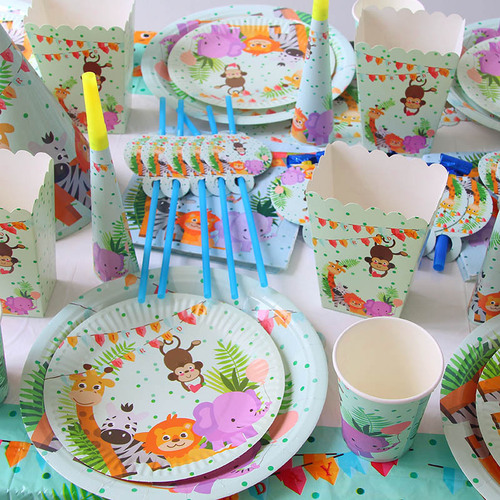 Hot Sale Forest Jungle Zoo Birthday Party Set Tablecloth Paper Cup Paper Plate Banner Tissue Paper Party Set
