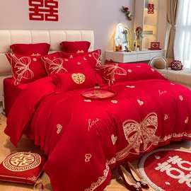婚庆四件套全棉大红色结婚婚嫁床单被套纯棉高端陪嫁婚房床上用品