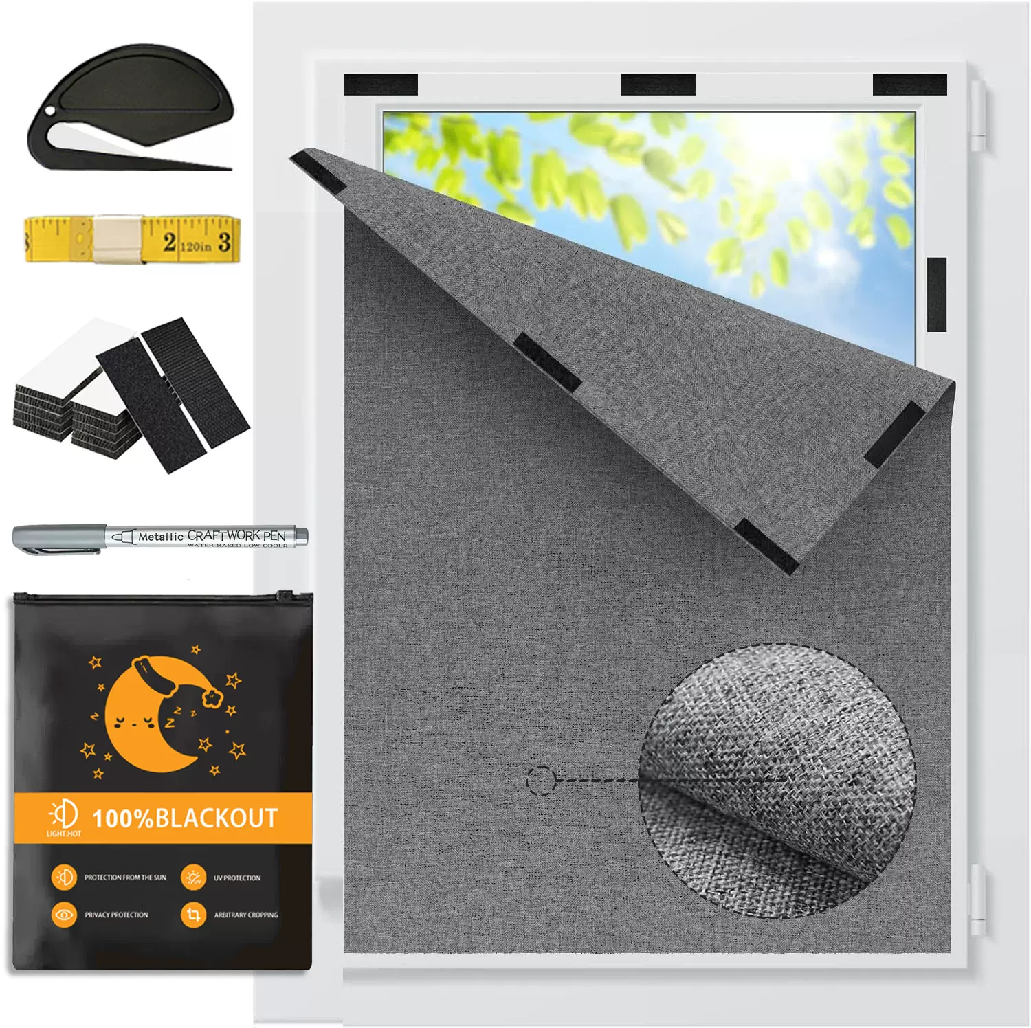 升级全遮光无皱纹亚麻窗帘亚马逊便携式遮阳帘可裁剪隔热防晒防寒