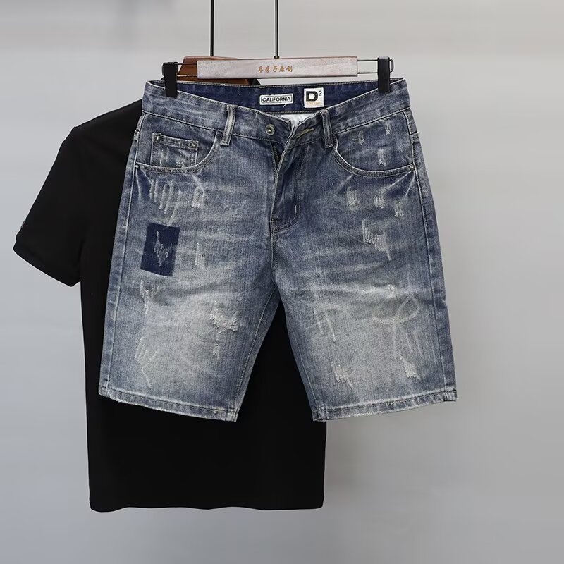 Summer New Trendy Brand Personality Distressed Denim Shorts for Men Korean Style Versatile Youth Casual Washed Quarter Shorts