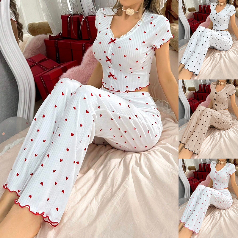 Cross-Border European and American New Hot-Selling Home Clothes Printed Heart V Neck Long-Sleeved Pajamas for Women That Can Be Worn Outside Pants Two-Piece Set