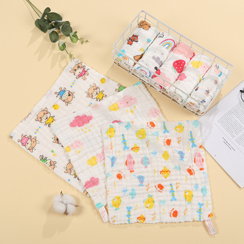 Handkerchief for babies, A-class cotton gauze children's small towel, soft cartoon style, kindergarten baby small square towel, cross-border
