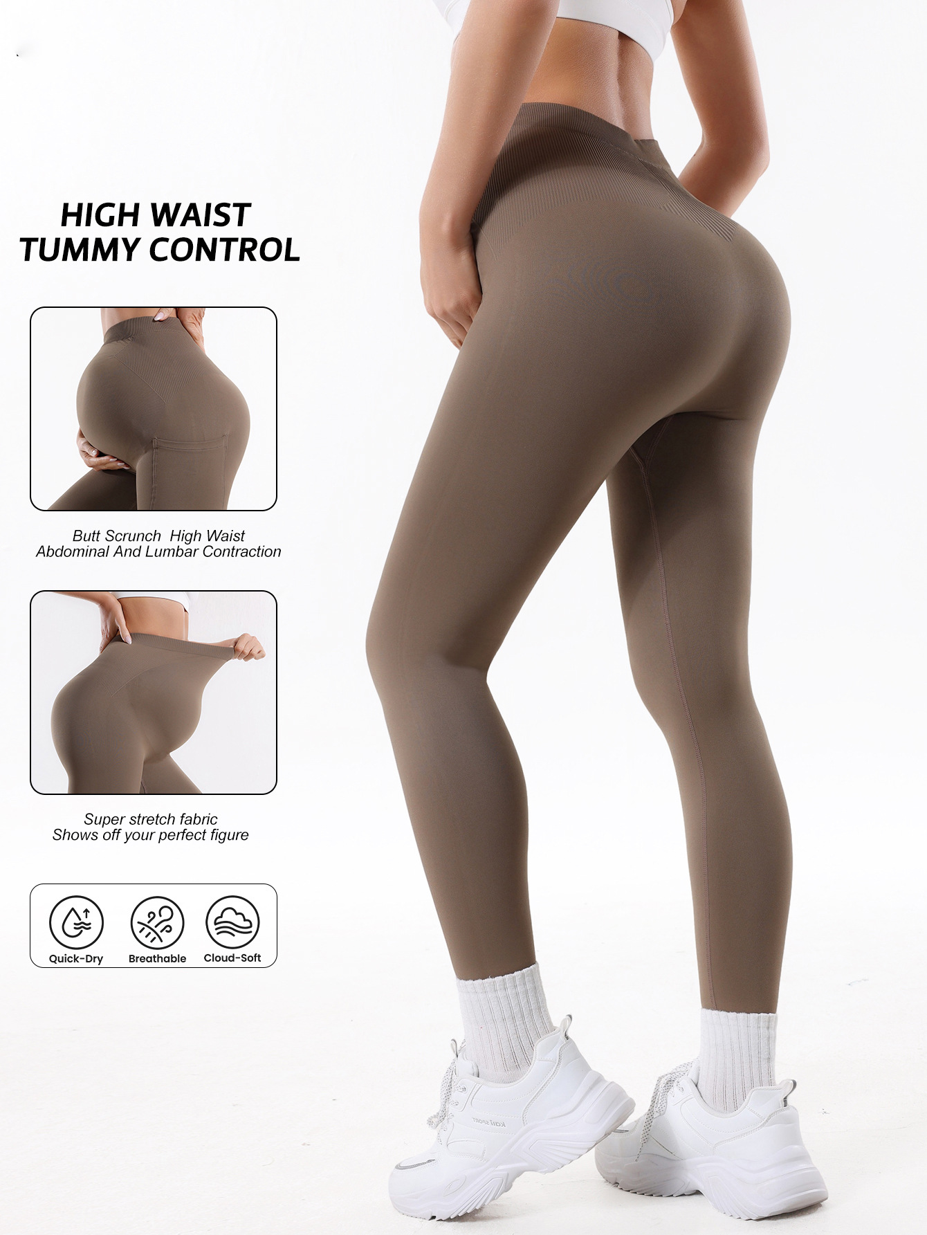 Pantalones de yoga sin costuras de estilo europeo y americano para mujeres embarazadas con bolsillos, pantalones de maternidad para fitness, leggings de maternidad ajustados que realzan los glúteos.