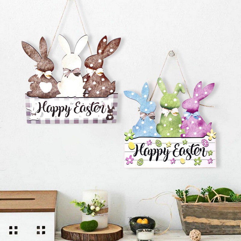 Transfronterizos de dibujos animados de Pascua conejo logotipo de madera lista primavera conejo decoración de madera colgante decoración de Pascua