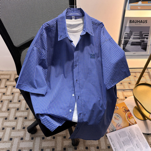 American Retro Embroidered Blue Check Short-Sleeve Shirt for Men and Women, Couple Summer Casual Loose Luxury Feeling Top for Men