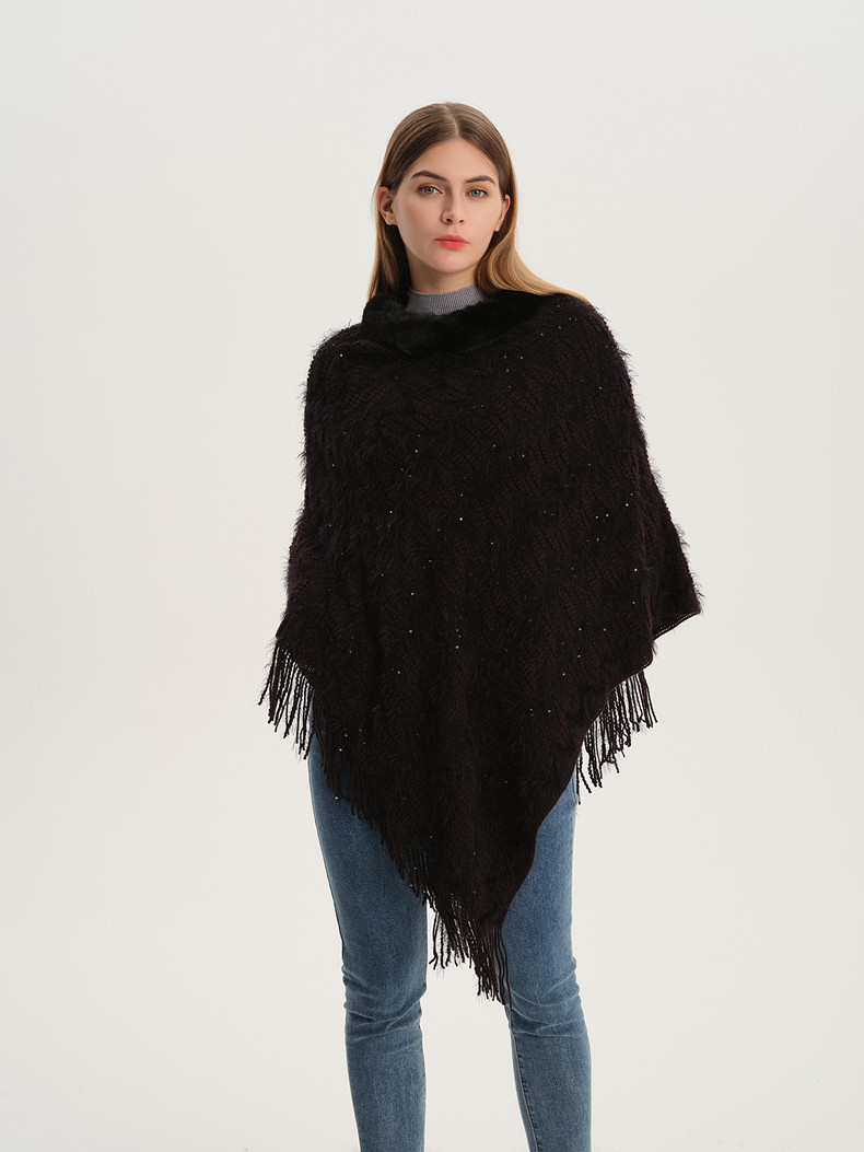 Unisex Spring and autumn sequins solid color pullover collar cape knit cape_voghion.com