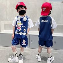 夏季篮球服男童套装2023新款韩版中小童假两件上衣短裤洋气两件套