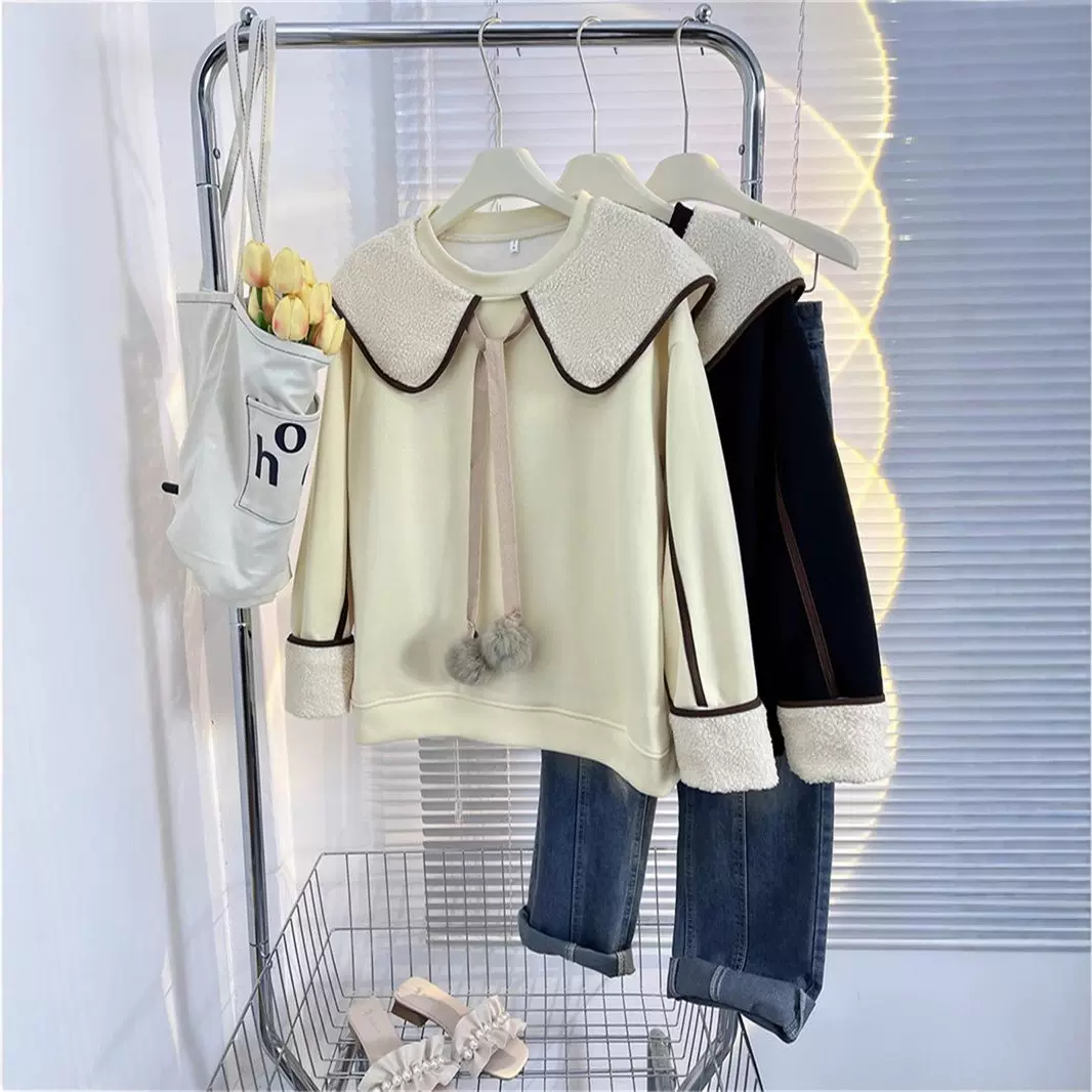 加绒加厚卫衣女秋冬新款洋气百搭宽松上衣外套华棉纯棉复合牛奶丝