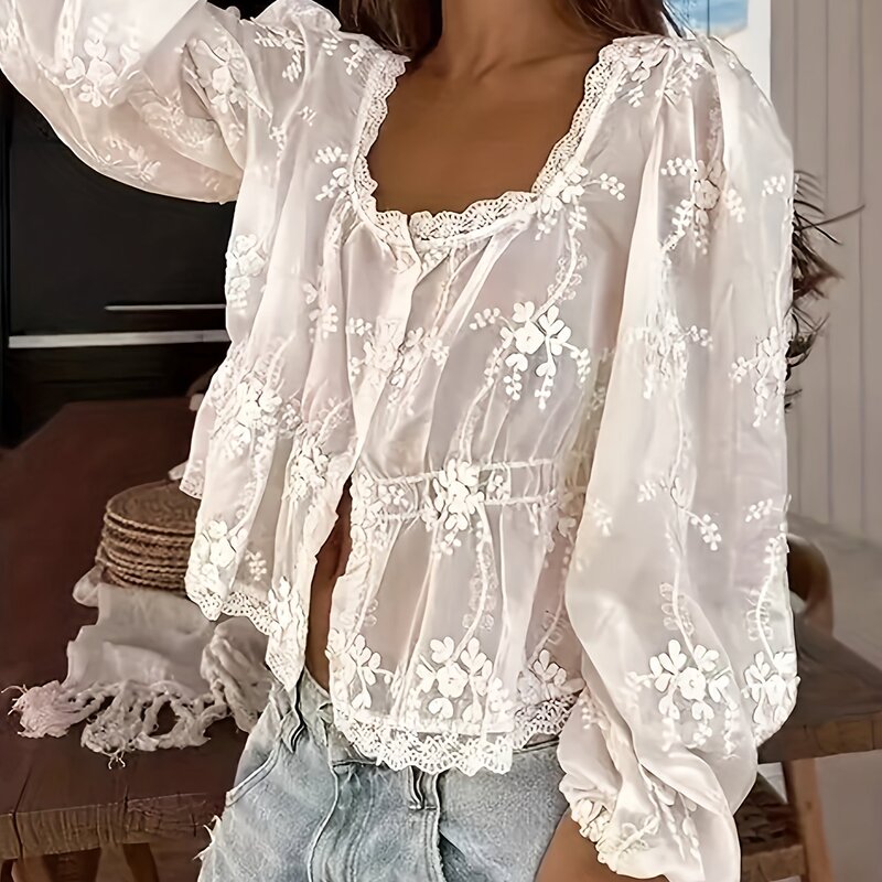 Women's Retro Style Contrast Color Lace Shirt with Fluffy Cuffs - See-Through and Semi-Transparent White Loose Top,