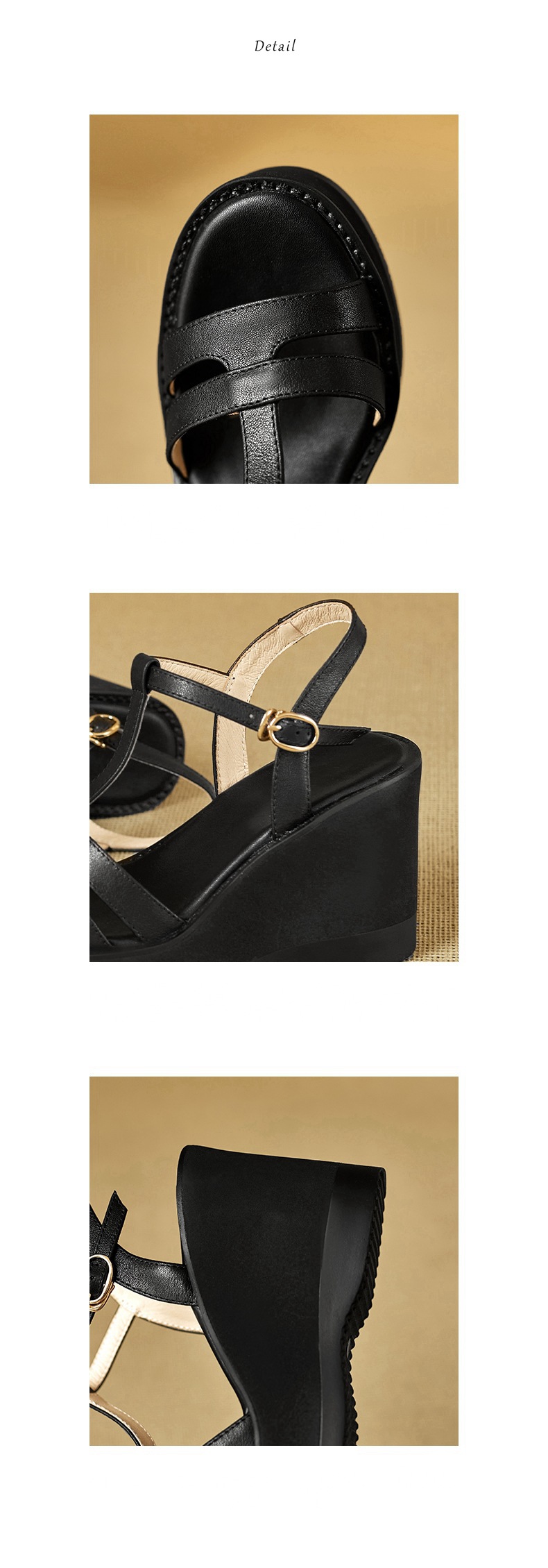 Sandal cao gót nữ mũi hở đế xuồng da bò, quai chữ T đơn giản, gót 9 cm — đen chi tiết 11