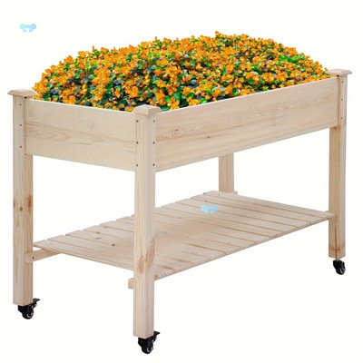 Wooden ElEVAted Planter Box with Legs and Storage Shelf ,