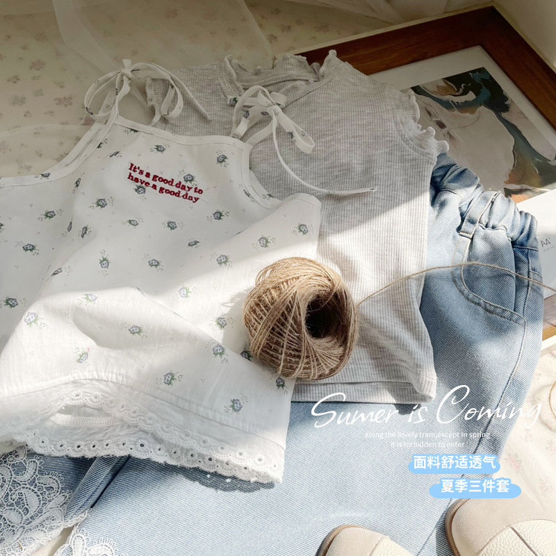 [Summer Welfare] Girls' Inner Vest Sling Children's Western-style Ruffled Casual Straight Denim Pants