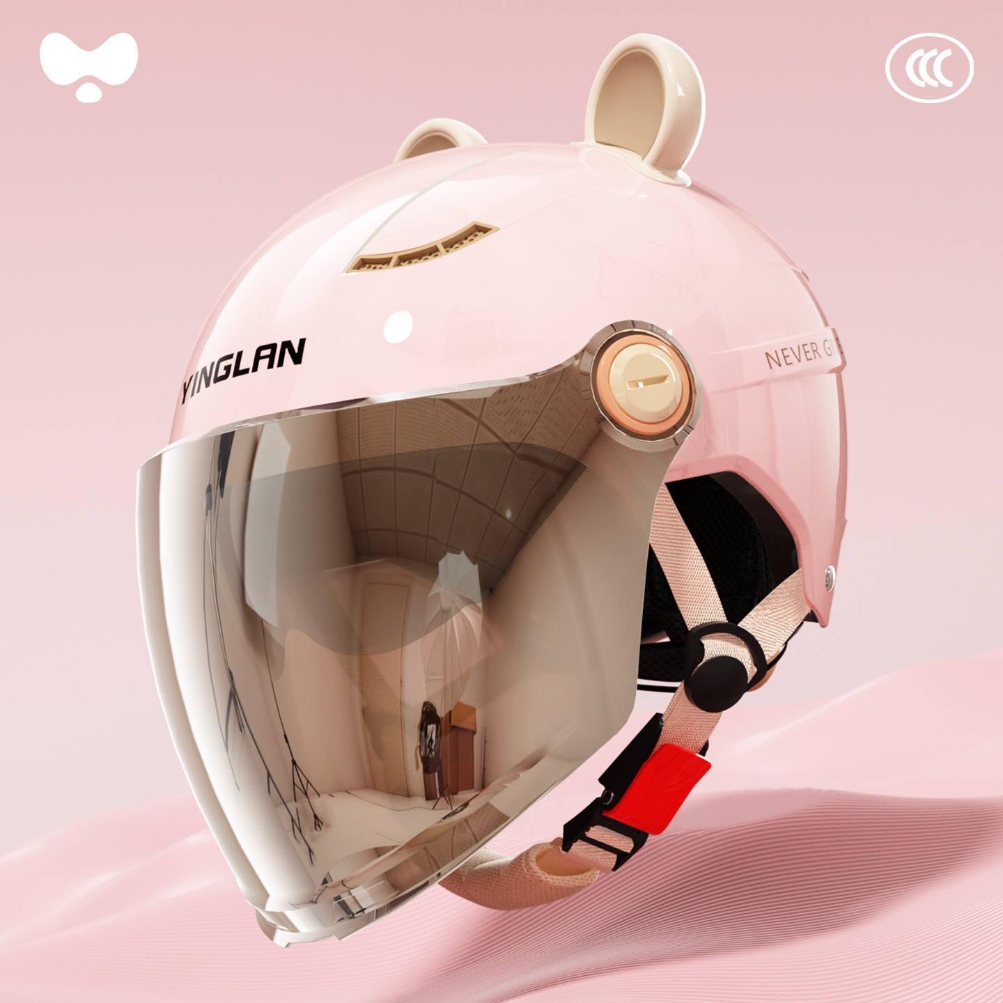 3C Certified Cute: Universal Motosiklet kaskı (dəbilqə) - 3c-cherry-blossom-pink-electroplated-outer-long-double-mirror-class-a-new-national-standard