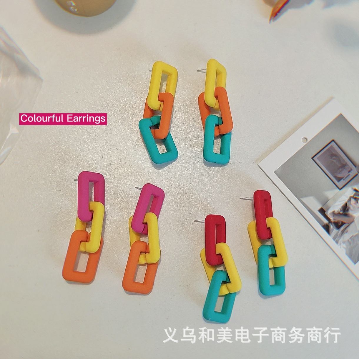 [New style] Net popular ins spring and summer color frosted square chain earrings earrings European and American long exaggerated earrings