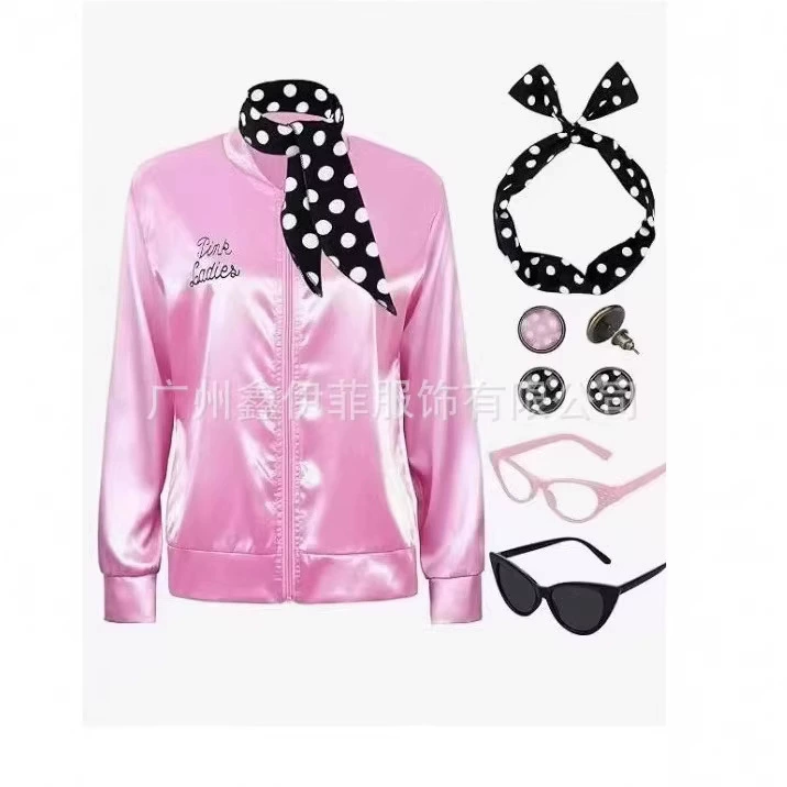 Прямые поставки с фабрики: розовая атласная куртка для женщин, костюм для выступлений, наряд для вечеринки на Хэллоуин, в наличии с доставкой в тот же день.