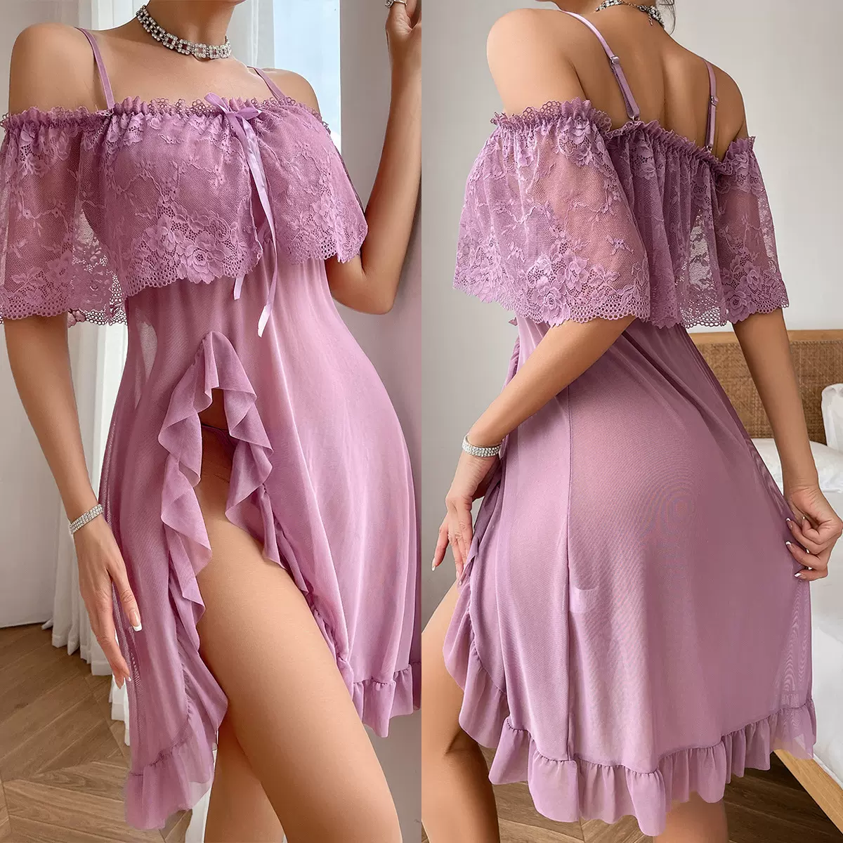 跨境欧美胖MM情趣内衣透视吊带露肩睡衣套装性感透明蕾丝长裙