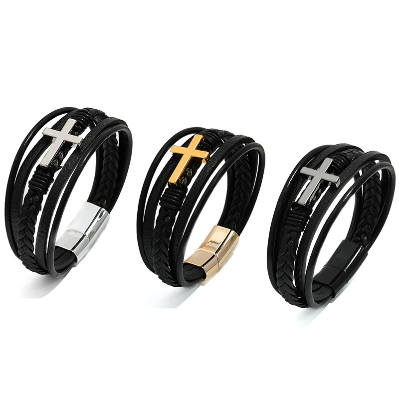 Cross-border Hot Sale European and American Cross Leather Bracelet Men's Multi-layer Hand-woven Rope Magnet Buckle Leather Bracelet