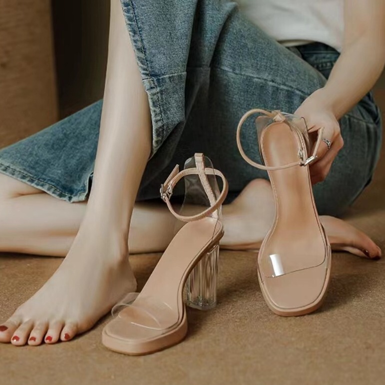 Summer Sandals for Women Genuine Leather Crystal Glass Transparent Waterproof Platform Thick Heel Temperament Sandals Model Catwalk Shoes High Heels