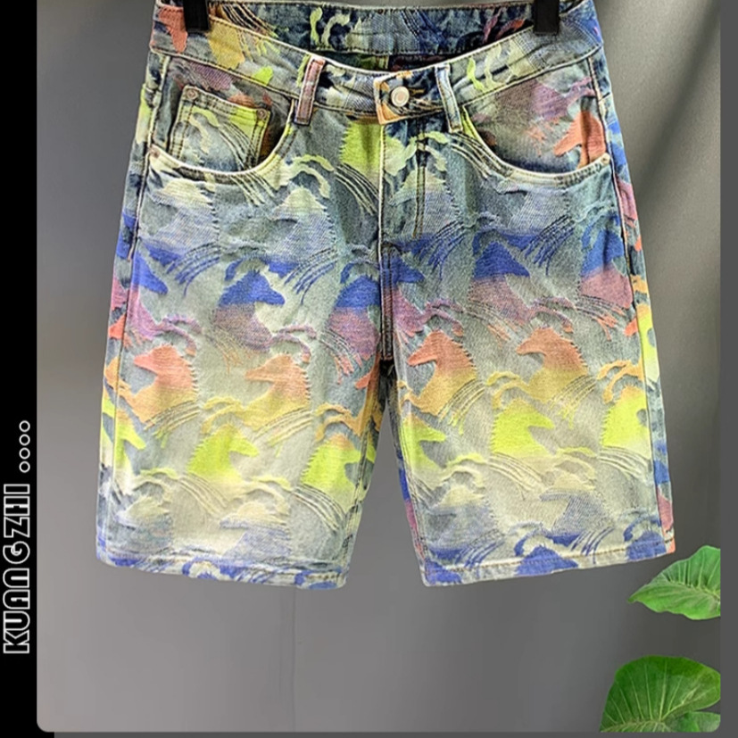 Summer New American High Street Fashion Brand Colorful Jacquard Five-Point Pants Men's Denim Shorts Loose Straight Mid-Pants for Men