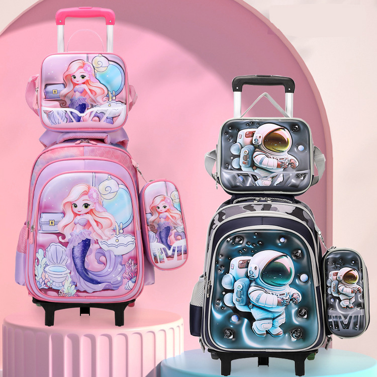 Fábrica de almacenamiento de estudiantes de primaria ligeros pueden cargar mochila de tirón cóncava mochila de cuero de dibujos animados de tres piezas conjunto de mochila