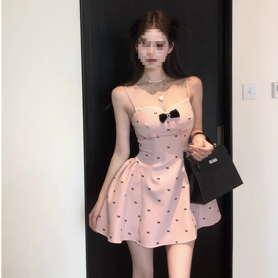 Bow Printed Sling dress Women's Summer Pure Wish Tight Waist Short Skirt with Chest Pad Slim-fit Puffy A- line Skirt