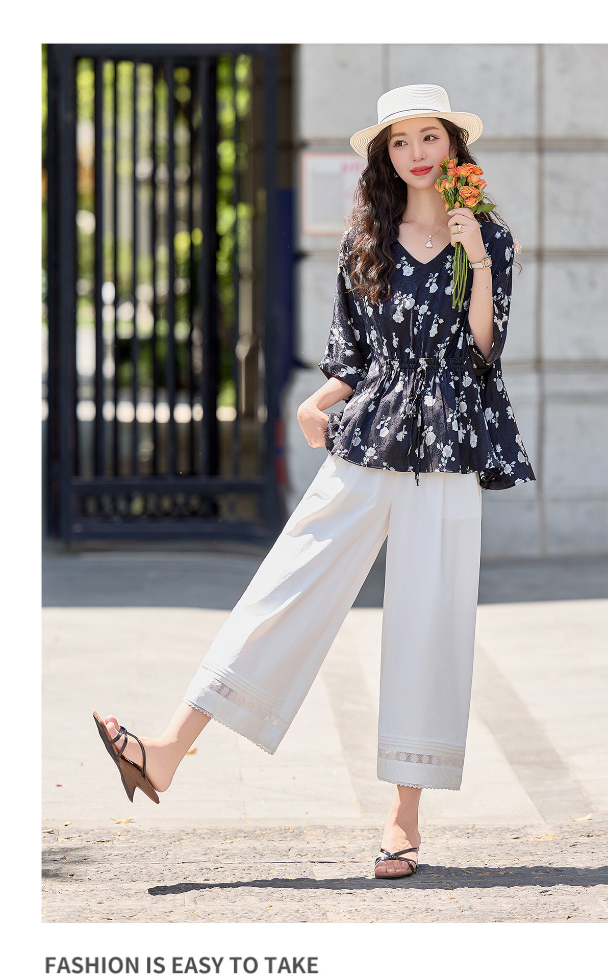 Bộ vest nữ hai mảnh áo sơ mi in họa tiết cổ V kết hợp quần ống rộng — Màu ảnh chi tiết 18