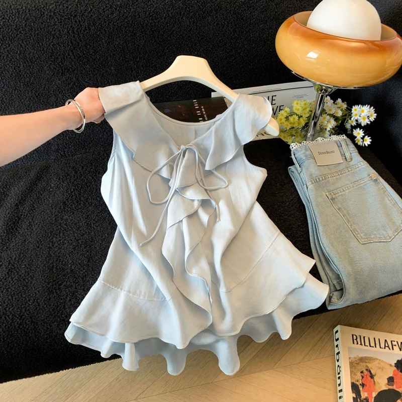 French-Style Fresh and Elegant Ruffled V-Neck Tie Sleeveless Shirt for Women, Summer Sweet and Delicate Slim-Fit Blouse Top French-Style Fresh and Elegant Ruffled V-Neck Tie Sleeveless Shirt for Women, Summer Sweet and Delicate Slim-Fit Blouse Top