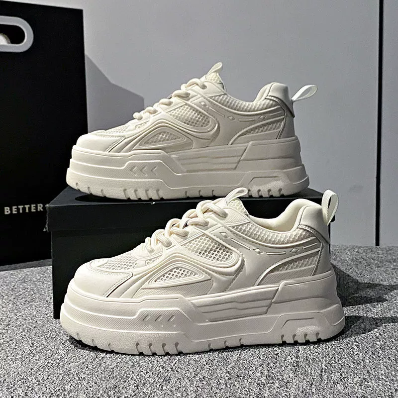 Мафли с толстой подошной внутренней увеличены женская обувь 2024 новая летняя сетчатая лапша дышащая тонкая маленькая белая обувь повседневная спортивная обувь