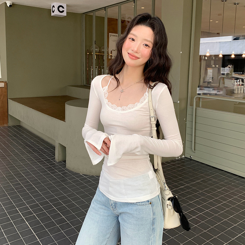 In-Stock Direct Shipment Pure Desire Lace Splicing Fake Two-Piece Thin Long-Sleeve T-Shirt for Women 2025 New Air-Conditioning Sun Protection Cover-Up