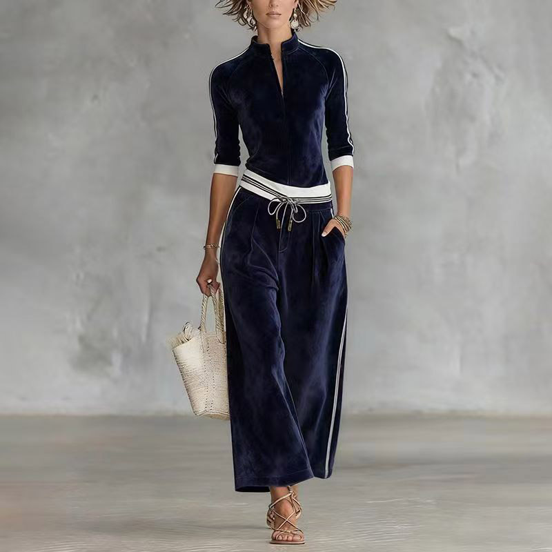 Women's Autumn Winter Fashion Casual Sportswear Set Korean Long Sleeved Solid Color High Neck Zipper Wide Leg Pants_ecoleips.com