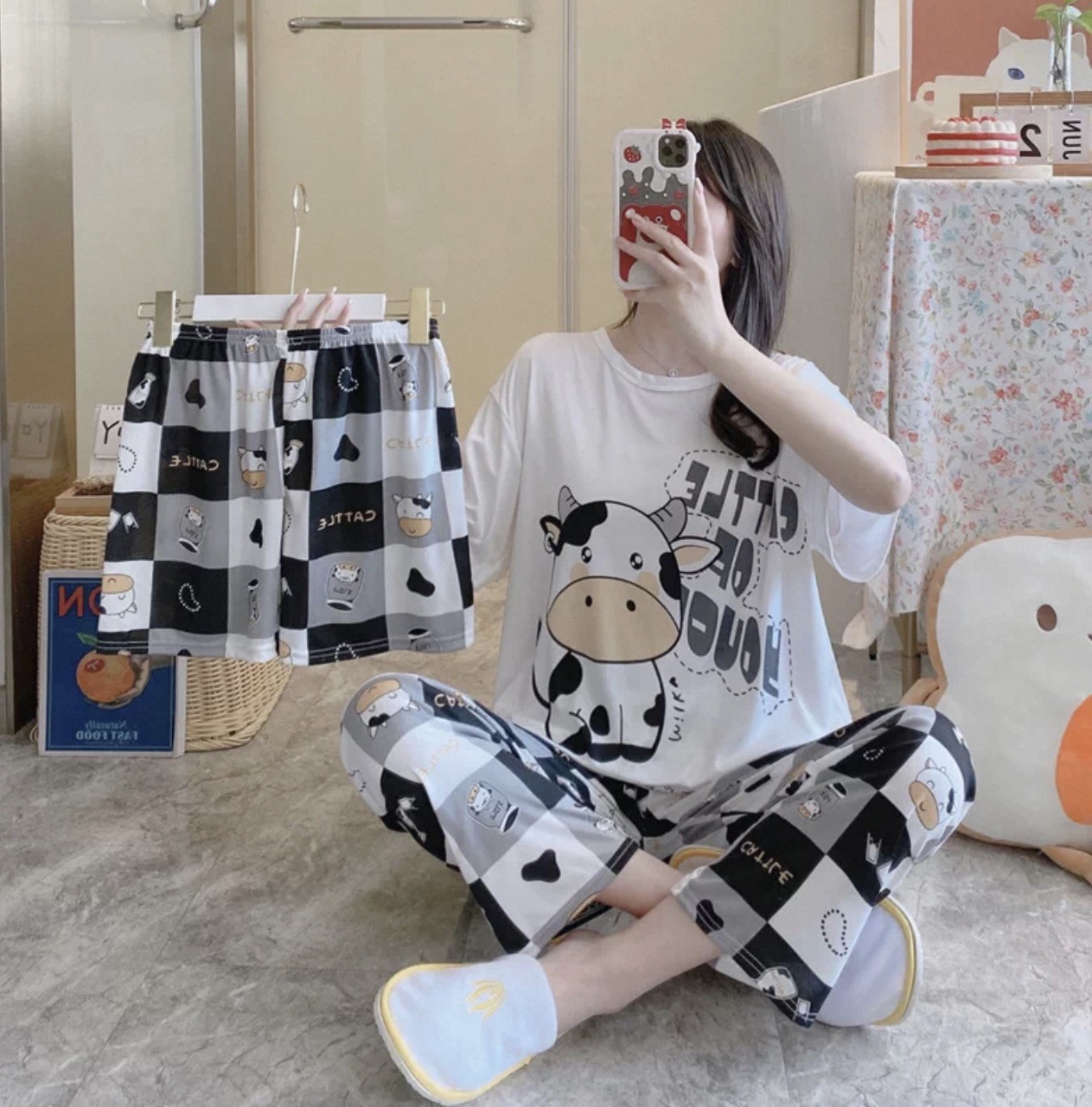 [conjunto de tres piezas] pijamas de mujer nuevo cuello redondo de verano manga corta ropa casera casual pantalones cortos sueltos set